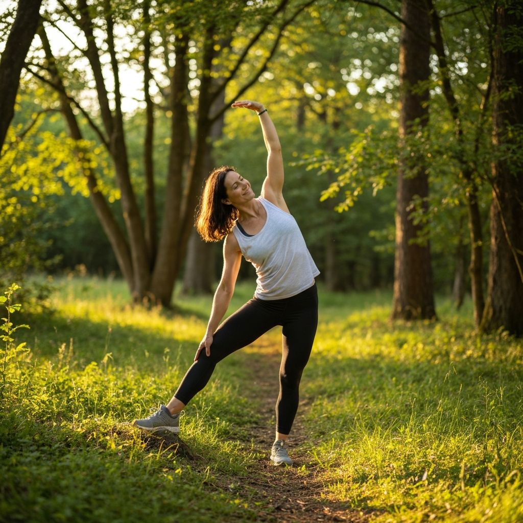 Person stretching in peaceful forest clearing at golden hour