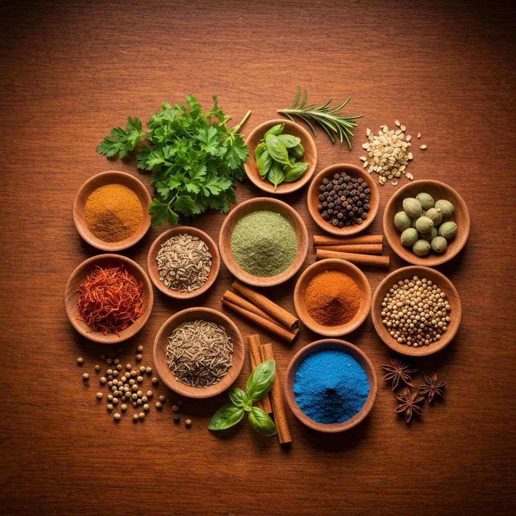 Overhead view of natural herbs and ingredients on wooden surface